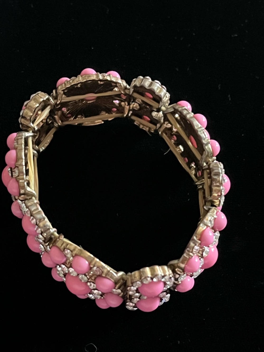 Vintage Pink Cabochon & Rhinestone Floral Stretch Bracelet - Picture 3 of 4